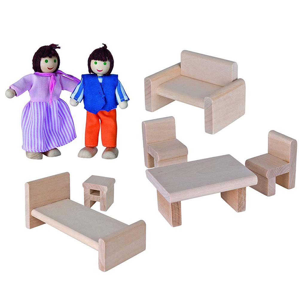 Дървена къща за игра, с две кукли