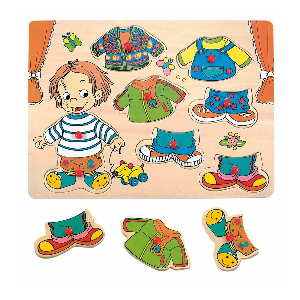 Woodyland, Дървен пъзел с дръжки Себастиян с дрехи