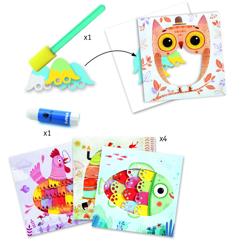 Комплект за рисуване с гъба и бои, Животни