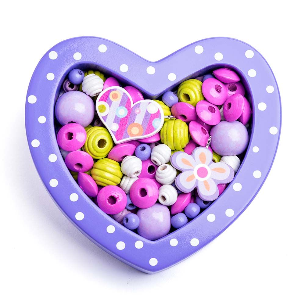 Woodyland, Комплект дървени мъниста за нанизване, Лилаво сърце