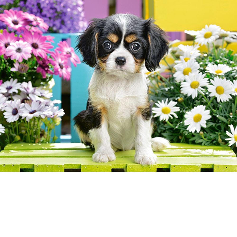 Кученце шпаньол в цветя, пъзел 70 чаcти