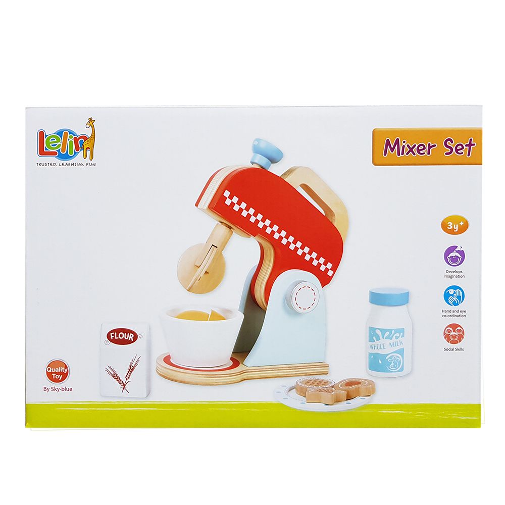 Дървен детски миксер, с продукти, син