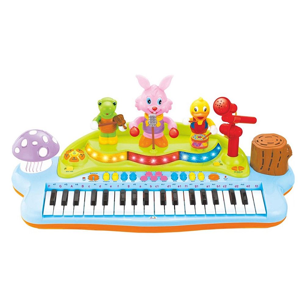 Пиано на стойка, със столче и микрофон