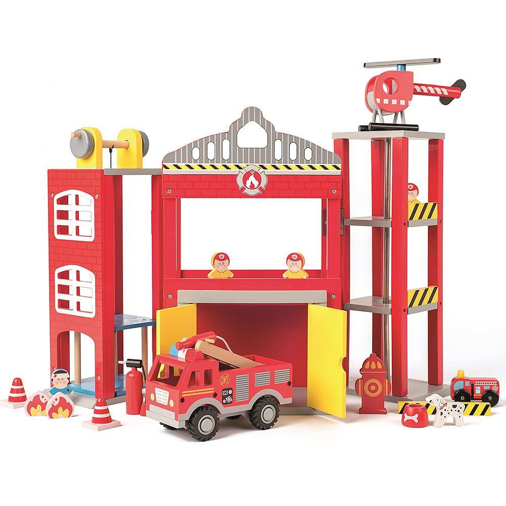 Дървенa пожарна станция с камиони и хеликоптер