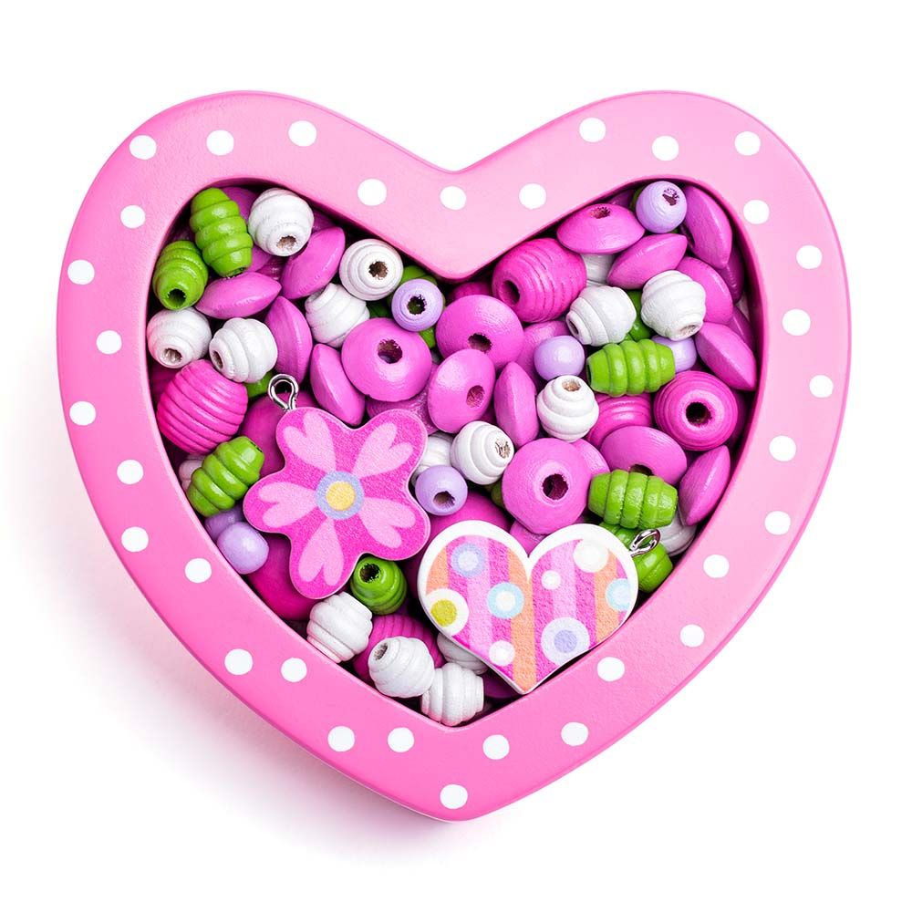 Woodyland, Комплект дървени мъниста за нанизване, Розово сърце