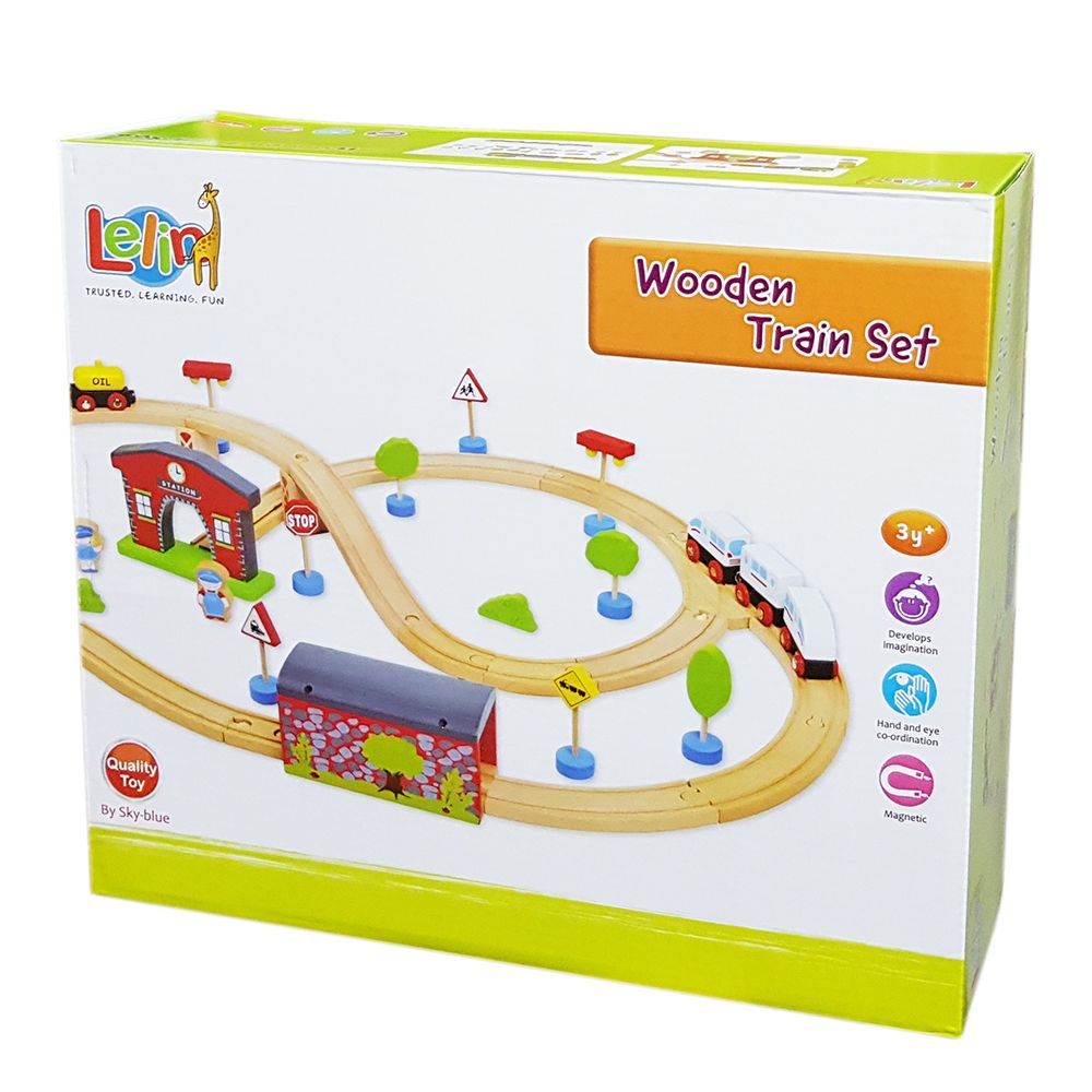 Дървен влак с релси и виадукт, 50 части