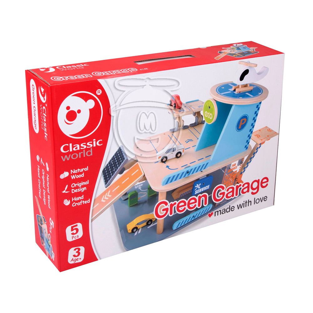Дървен детски гараж с колички и хеликоптер