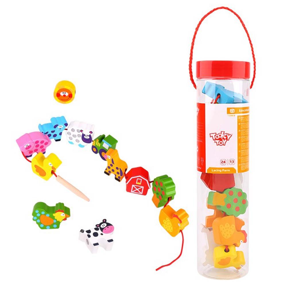 Tooky Toy, Комплект дървени фигурки за нанизване, Ферма