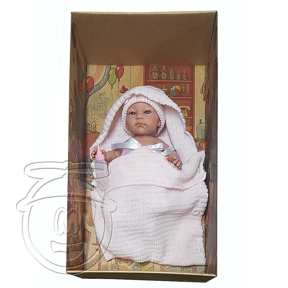 Кукла-бебе Джени с плетено розово чувалче, 32 см