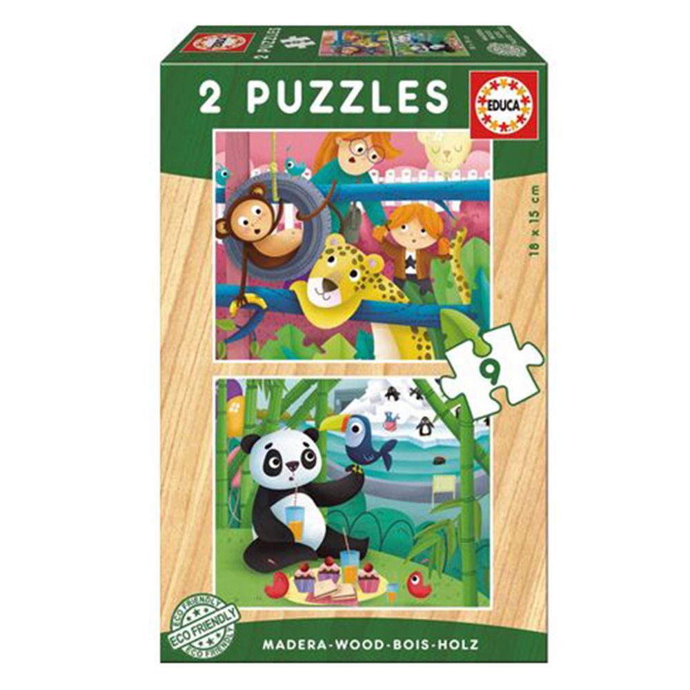 Educa, Животните от зоопарка, 2  дървени пъзела х 9 части
