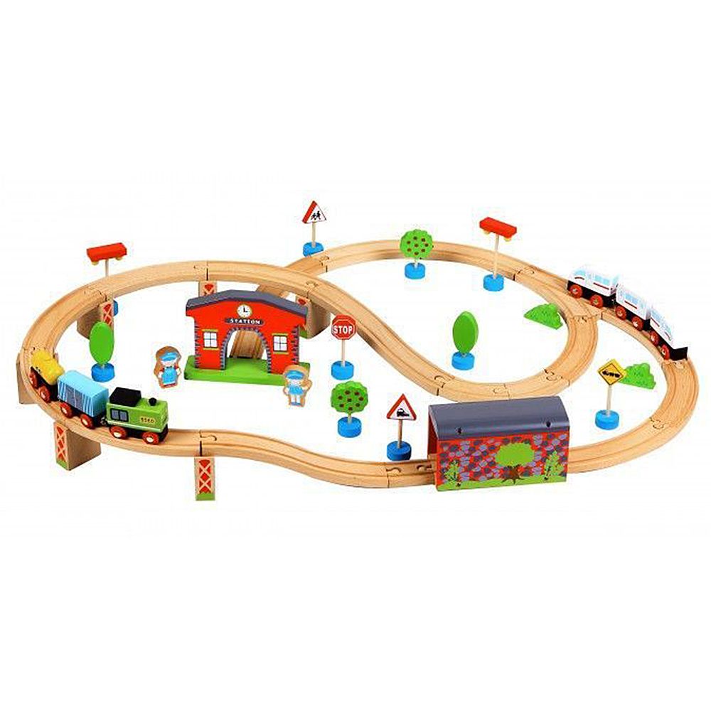 Дървен влак с релси и виадукт, 50 части