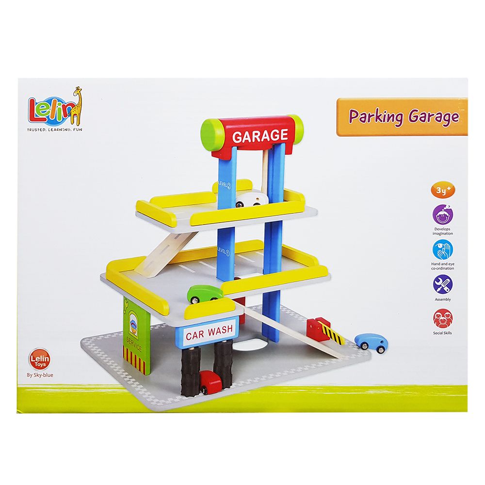 Дървен детски паркинг, с бензиностанция и автомивка