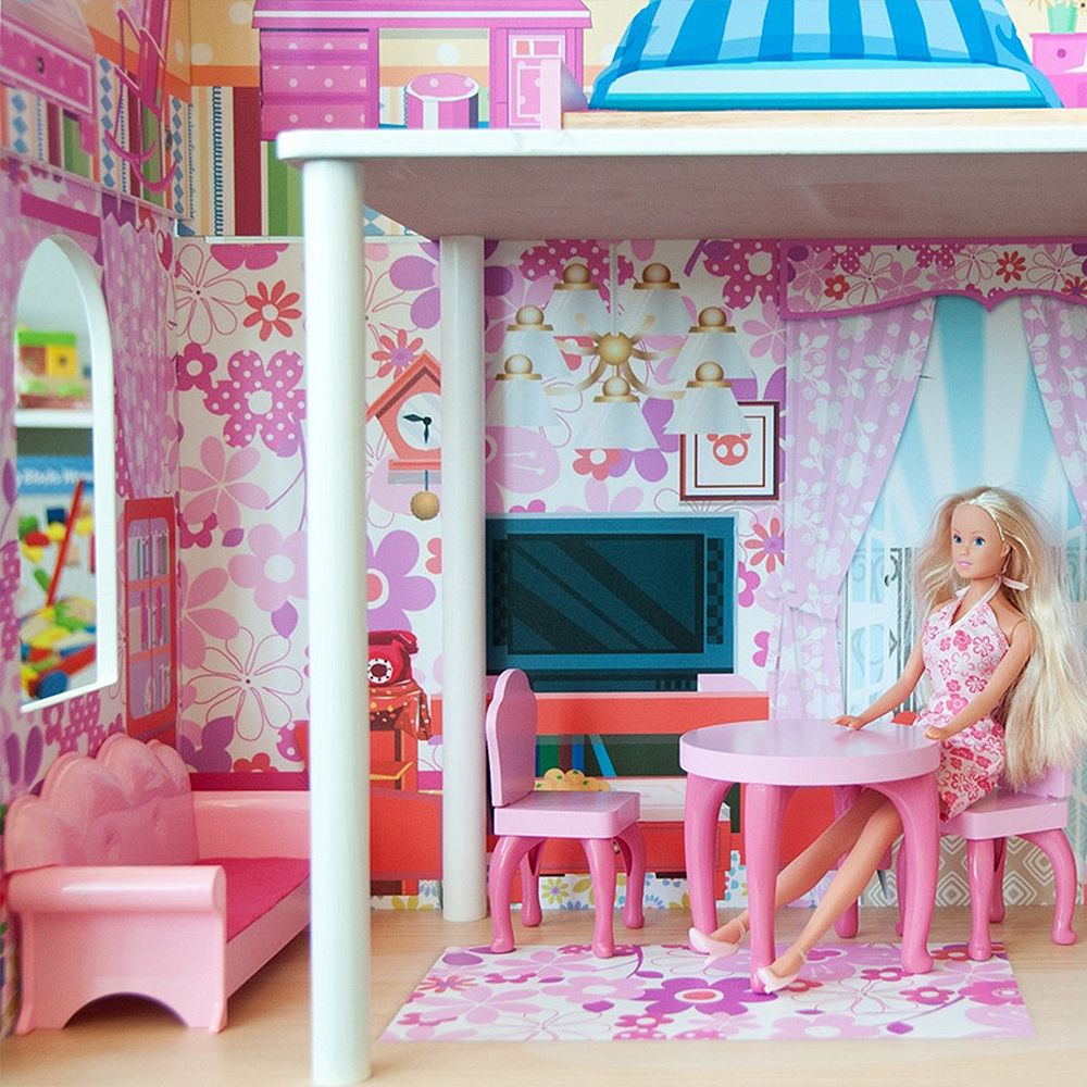 Дървена къща за кукли с обзавеждане и асансьор