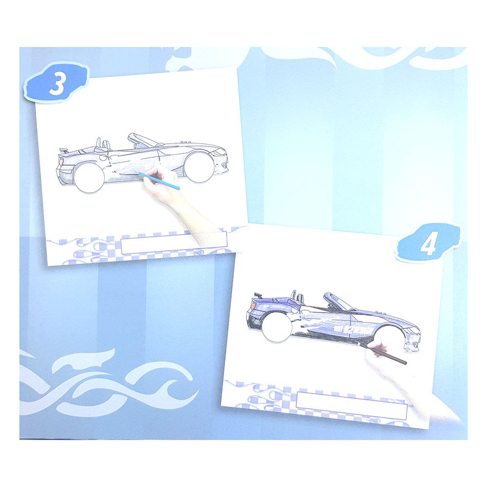 Книжка за рисуване със стикери и шаблони, Състезателни коли