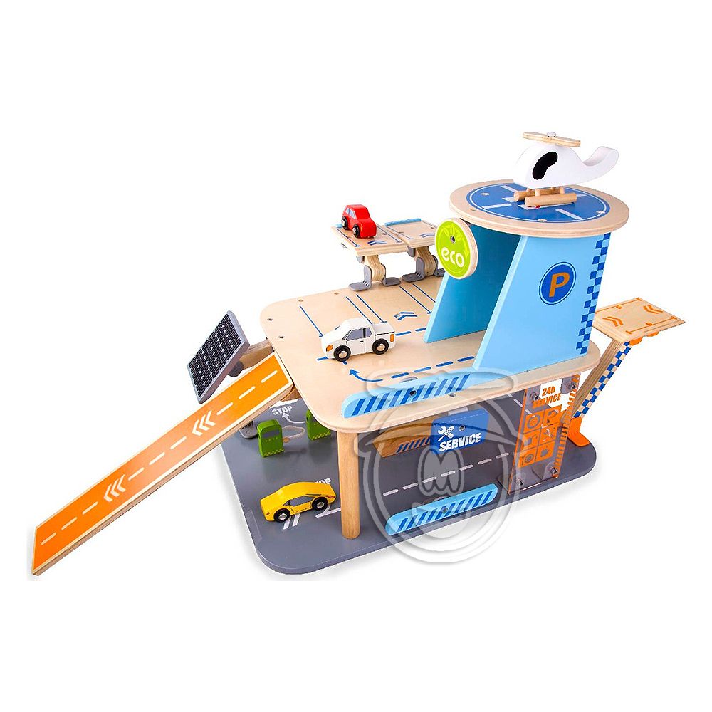 Classic world, Дървен детски гараж с колички и хеликоптер