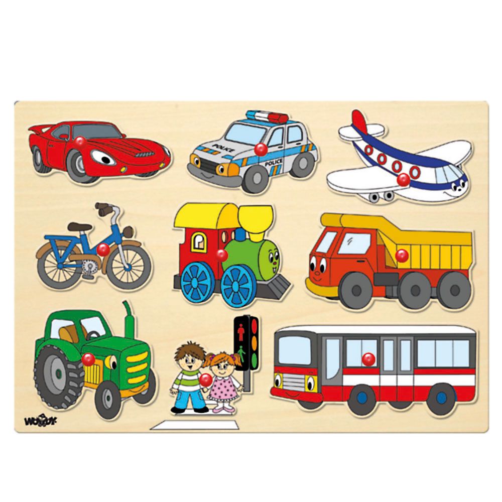 Woodyland, Дървен пъзел с дръжки и 9 големи части, Превозни средства