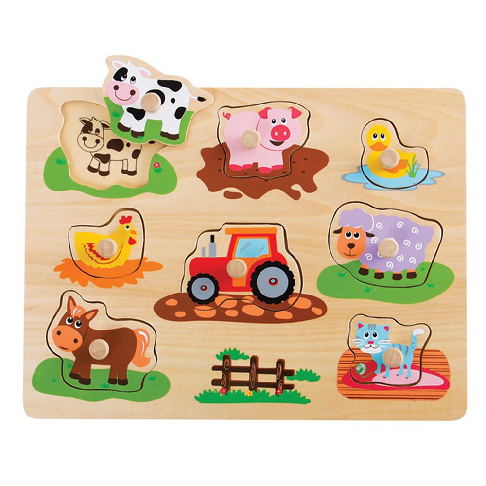 Lelin Toys, Дървен пъзел с дръжки и подсказки, Ферма