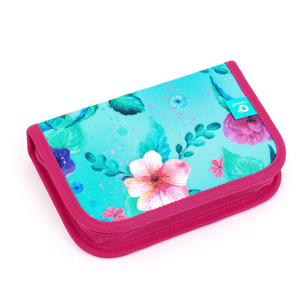 Ученически несесер с един цип, Син с цветя