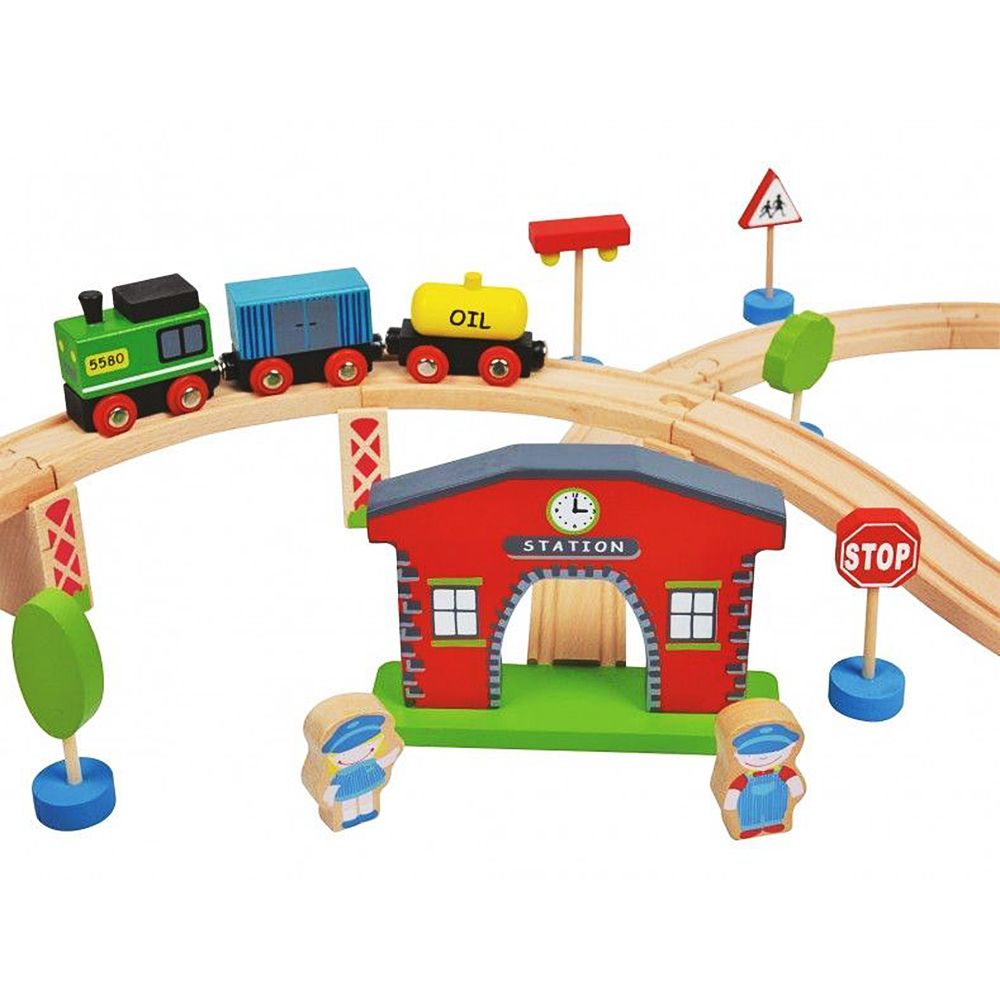 Дървен влак с релси и виадукт, 50 части