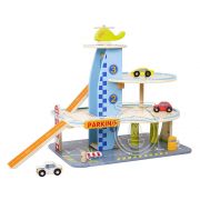 Дървен детски гараж с колички и хеликоптер, 3 нива