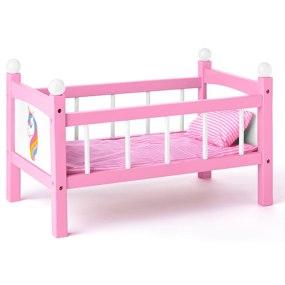 Дървено легло за кукли със завивки. Еднорог