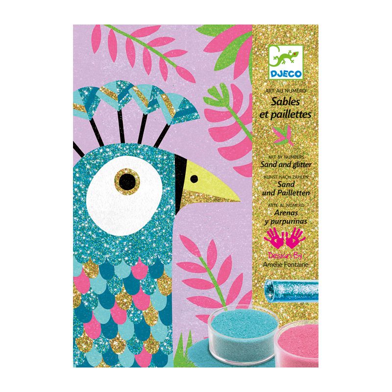 Djeco, Творчески комплект за рисуване с цветен пясък и брокати, Пауни
