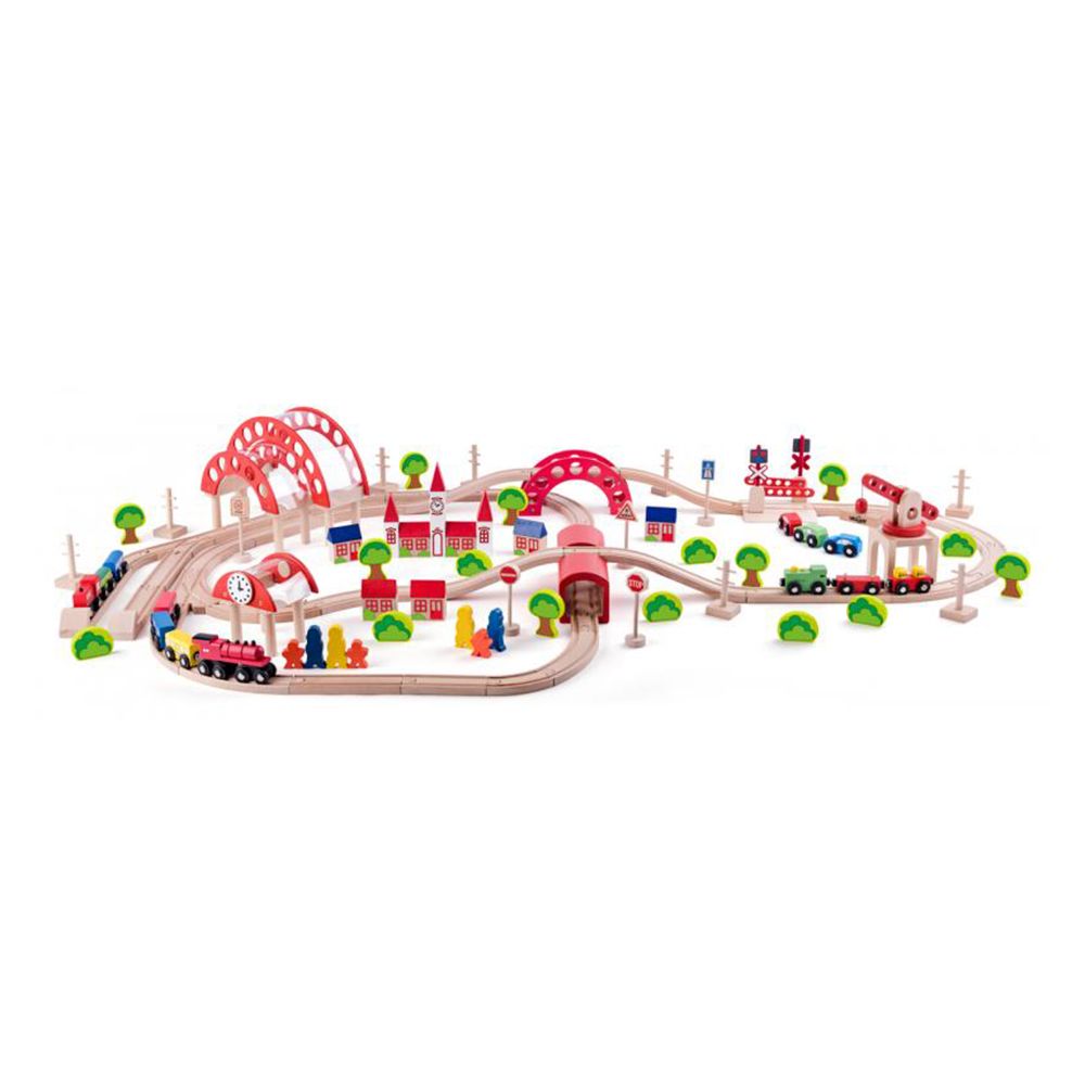 Градско оживление - комплект дървени влакчета с релси и аксесоари