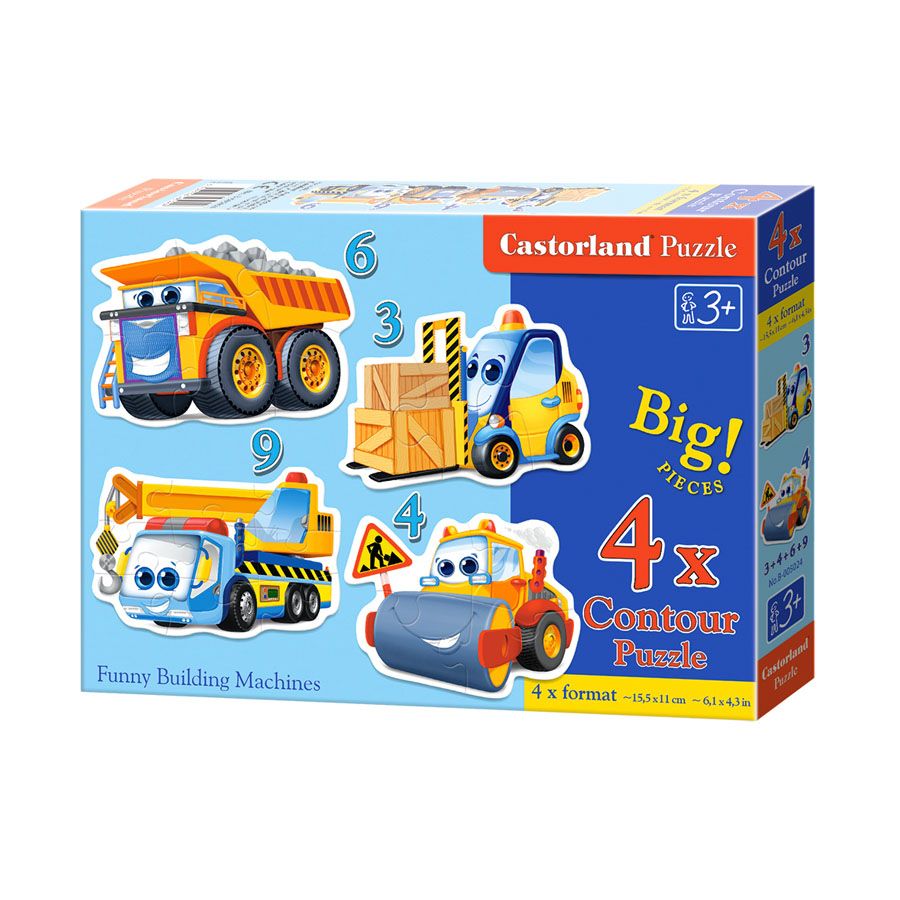 Весели строителни машини, пъзел с 3, 4, 6 и 9 чаcти