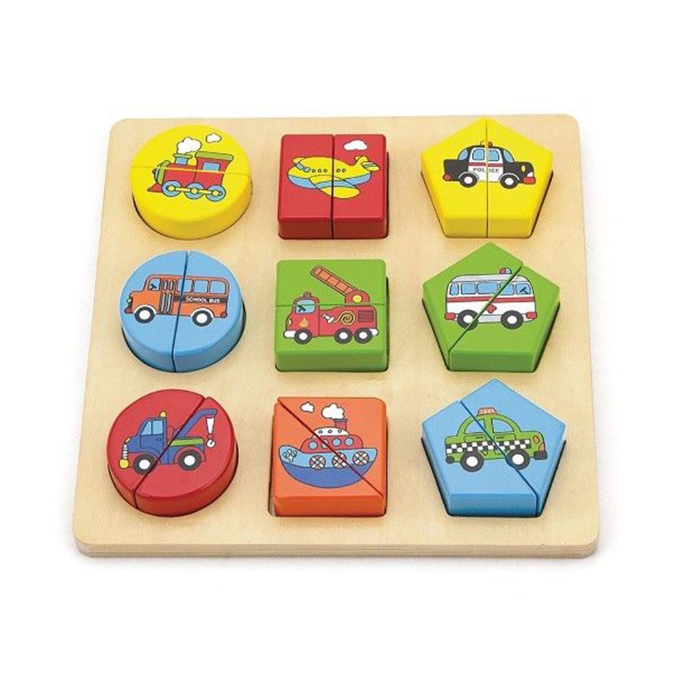 Viga toys, Дървен пъзел с геометрични форми, Превозни средства